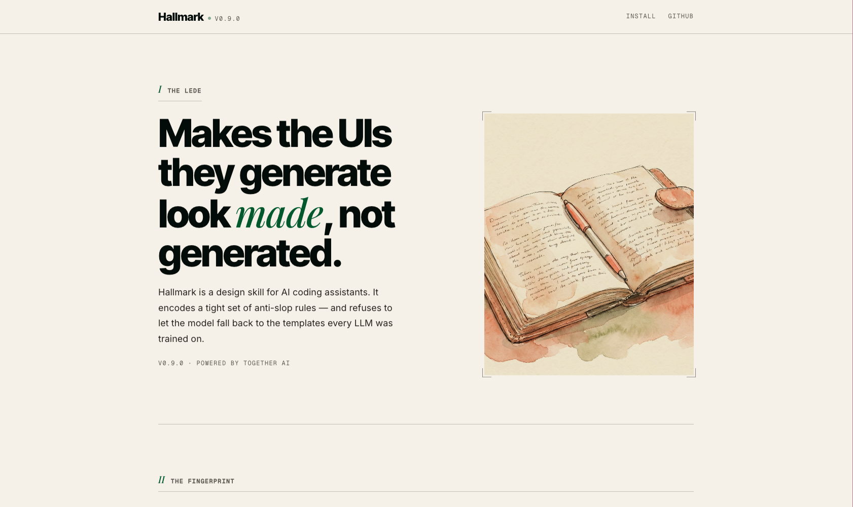 A Hallmark output — editorial display, real proof, hand-built illustration