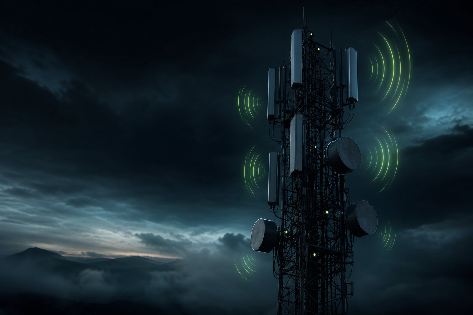 Telecommunications tower with panel antennas and microwave dishes radiating signal at dusk